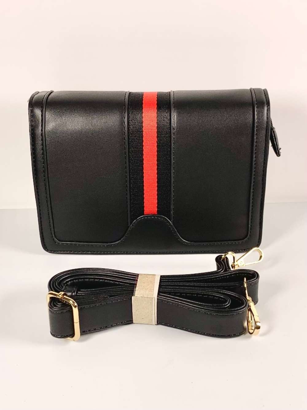 Designer Inspired Black Flap Red Stripe Crossbody Bag Adjustable Strap Retro